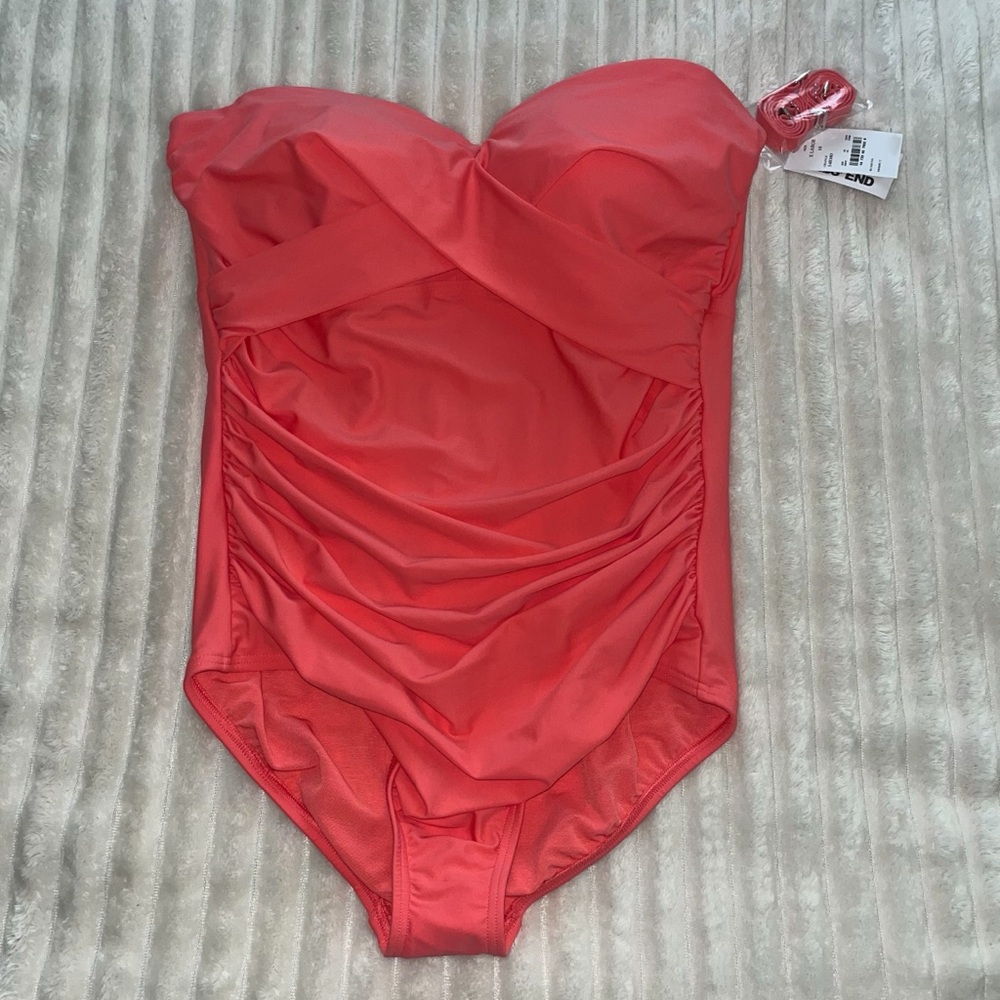 Coral Land’s End Chlorine Resistant Bandeau Front Wrap One Piece Swimsuit • XL